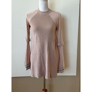 Free People Zou Bisou Pink/Blush Ruffle Bell Sleeve Knit Sweater Dress Knit Sz S